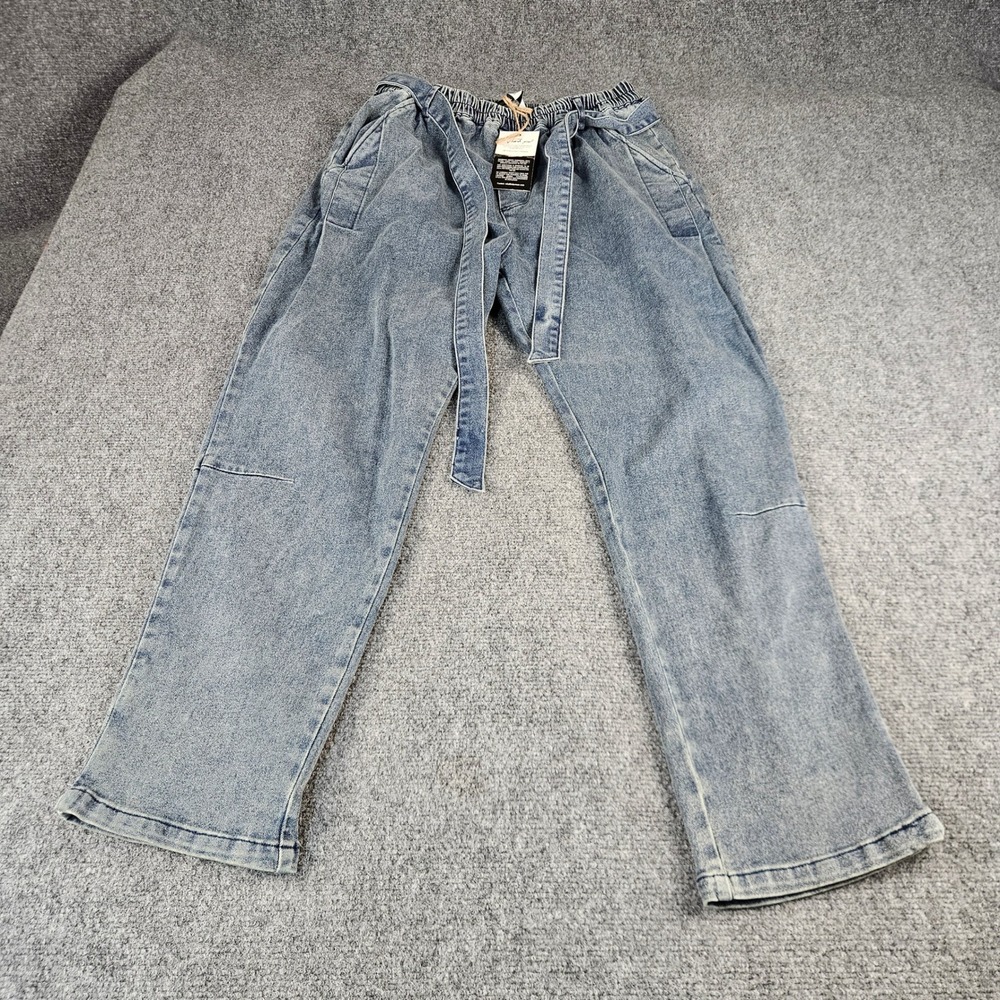 Kidoriman Mens XL Light Wash Denim Streetwear Jeans‎ Elastic Waist Tie Belt NEW
